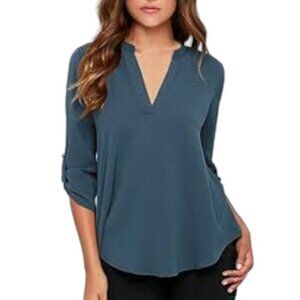 Women's LUSH Casual V-Neck Cuffed Sleeves Solid Chiffon Blouse Top Size XS EUC